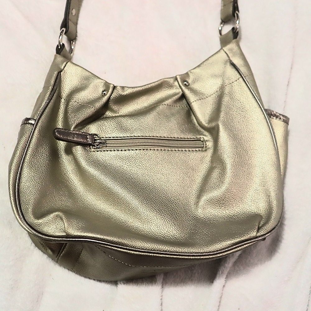 Y2K SATCHEL BAG Kathy New Zealand Light Gold Metallic Handbag 90s Pockets Winter - Picture 7 of 13